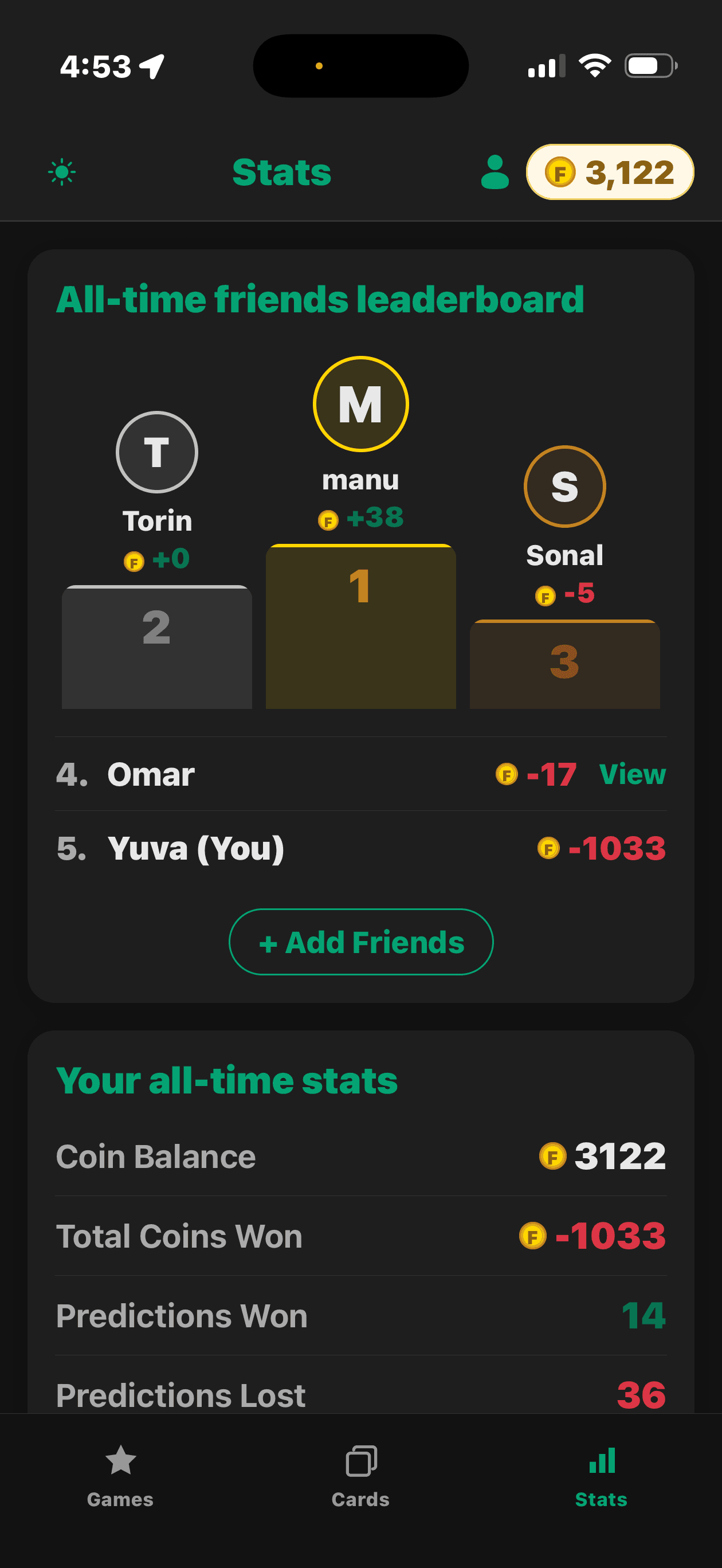 FanCoach friends leaderboard and all-time stats