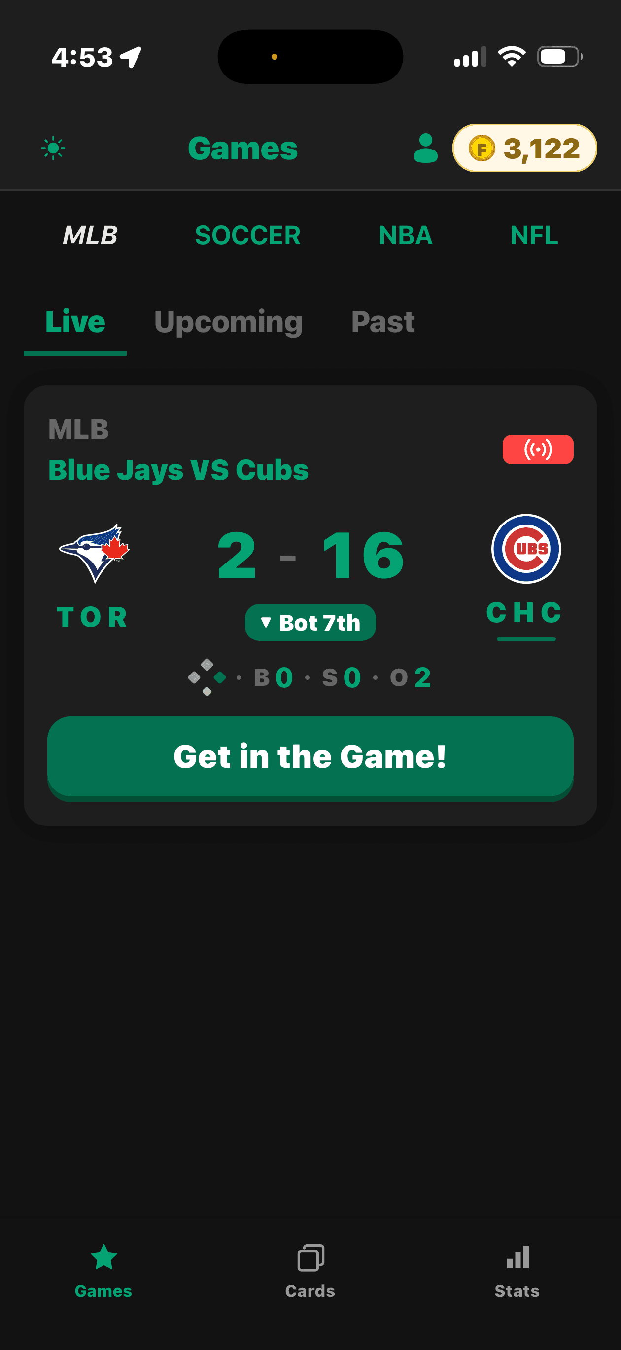 FanCoach live scoreboard for a Blue Jays vs Cubs game